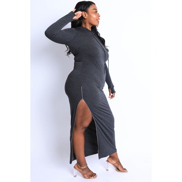Women's Comfy Terry Hooded Maxi Dress With Side Slit Zipper Plus Size Curve - Picture 8 of 12